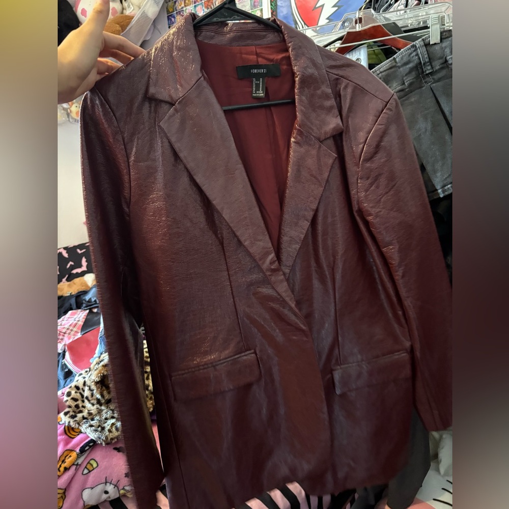 Forever 21 faux patent shiny red leather jacket button coat